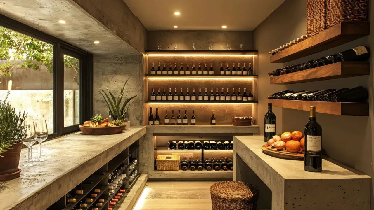 A modern wine cellar with concrete accents, featuring shelves stocked with bottles. Pierre Chen's collection is meticulously displayed, ready for a tasting.