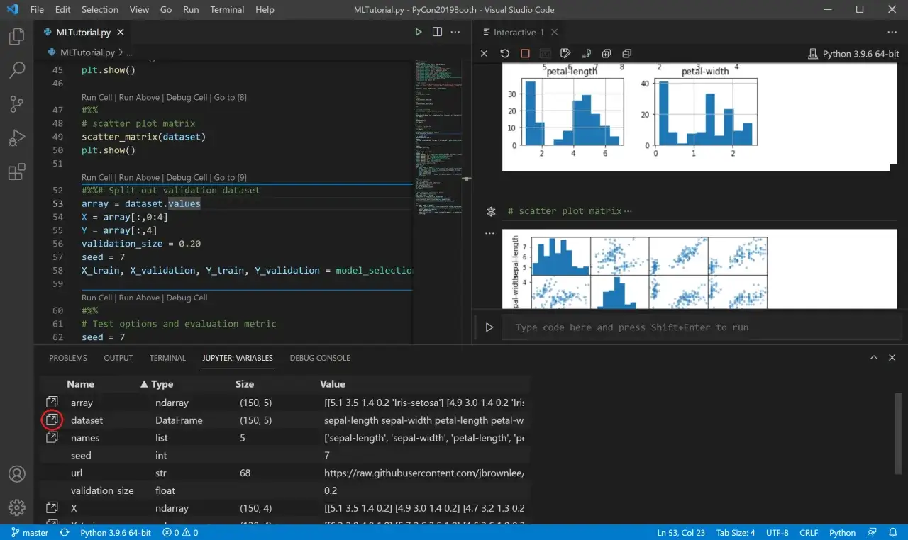 Code Python affichant des graphiques de distribution et de dispersion, avec la fonction `help()` pour explorer le jeu de données `dataset`.