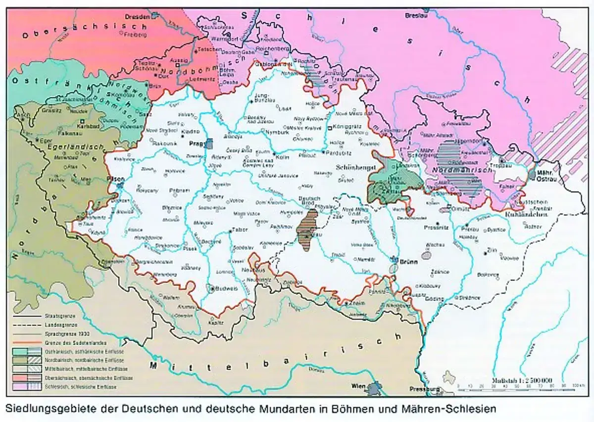 Karte der Siedlungsgebiete der Deutschen und deutschen Mundarten in B&ouml;hmen und M&auml;hren-Schlesien, Sudetenland 1938.