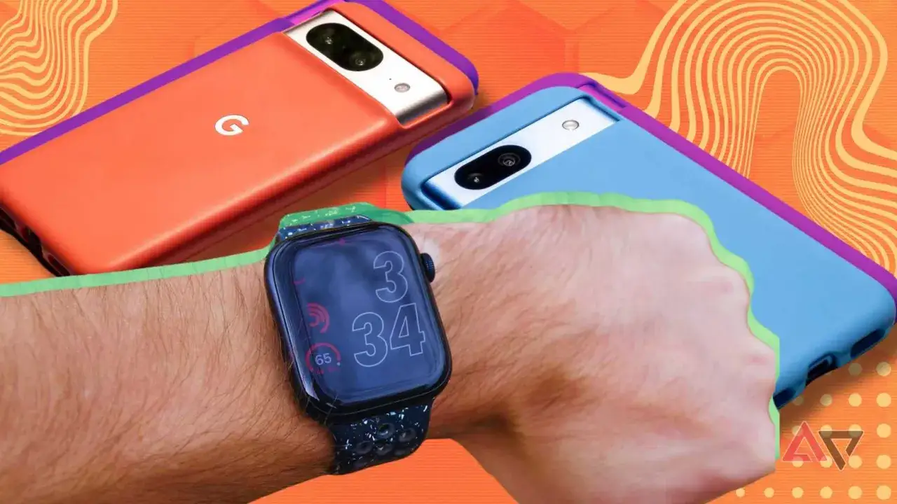 Apple Watch am Handgelenk, daneben zwei Google Pixel Handys in bunten H&uuml;llen.
