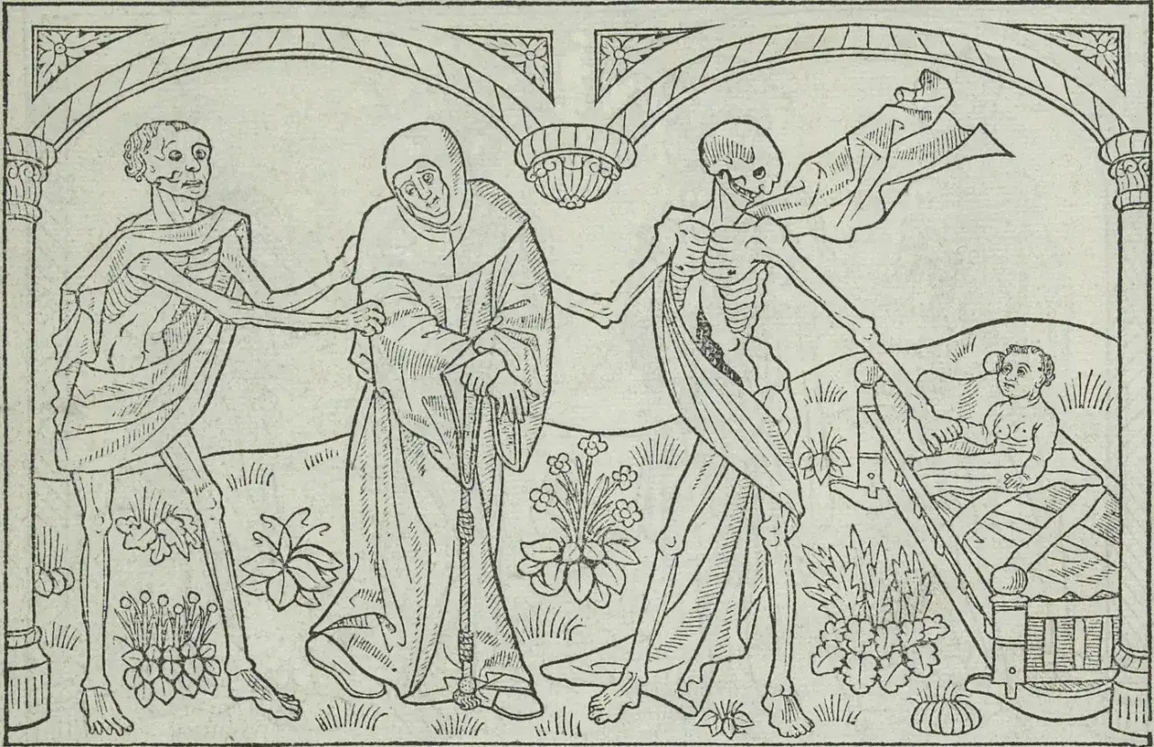 Szkielety wiodą mnicha i dziecko w tanecznym uścisku. To mroczny obraz danse macabre, przypominający o nieuchronności śmierci.