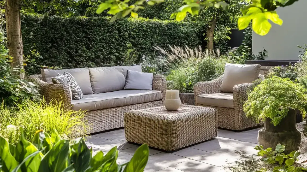 Mobiliario de mimbre en un jardín exuberante, ideal para la decoracion solarium terraza. Sofá, sillón y mesa de centro crean un oasis de paz.