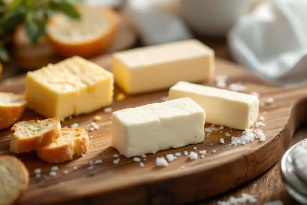 Des morceaux de beurre, parfaits pour un g&acirc;teau, sont dispos&eacute;s sur une planche en bois avec des cro&ucirc;tons et du sel.