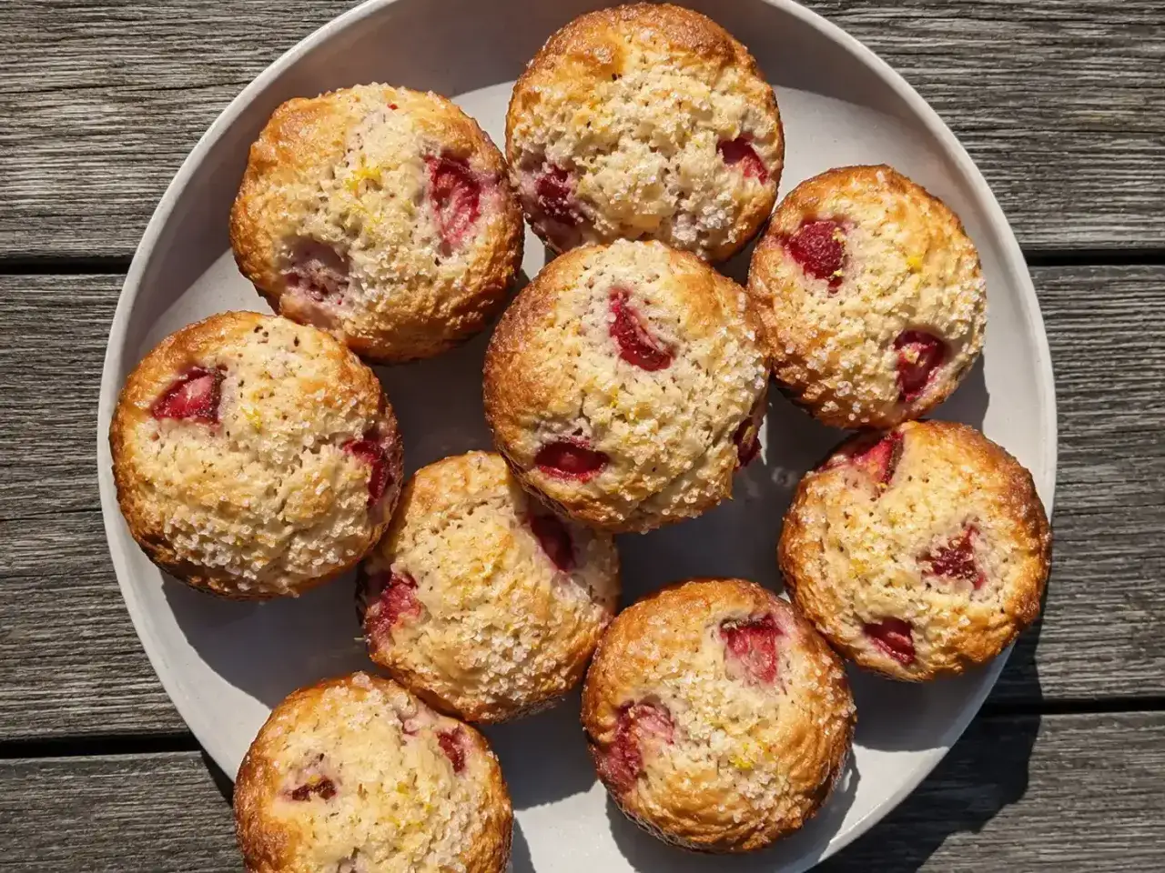 En tallrik med fluffiga muffins med jordgubbar, toppade med socker och citronskal. Perfekt f&ouml;r fika!
