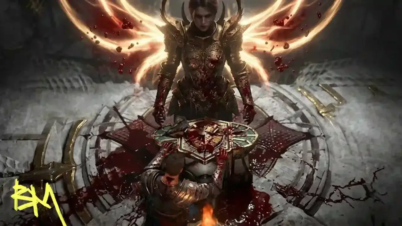 Diablo 4 nowy sezon: wojowniczka w krwawej zbroi i klęczący rycerz. Krwawa scena zapowiada mroczne przygody.