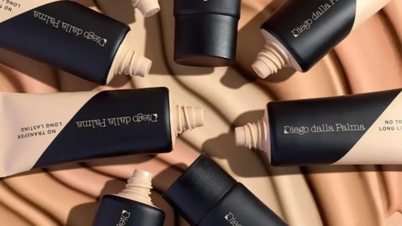 Tubetti di fondotinta Diego dalla Palma, alcuni aperti, con texture cremosa e packaging elegante. Perfetti per un look impeccabile.