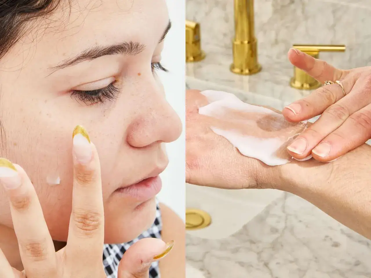 Aplicando crema para tratar la descamaci&oacute;n de la piel. Una mano con crema en la mu&ntilde;eca, otra aplicando en la mejilla.