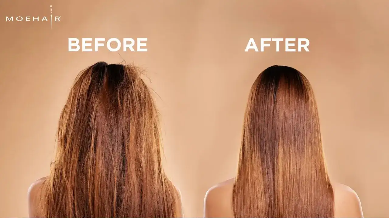 Före och efterbild på hårbehandling. Från torrt och frissigt till slätt och glansigt hår efter hair botox.