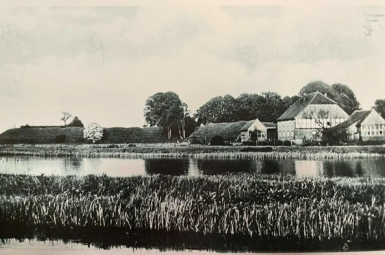 Idyllisches Bauernhaus mit Teich und Schilf, ein gut rietberg-Motiv, umgeben von Bäumen und einer sanften Hügellandschaft.
