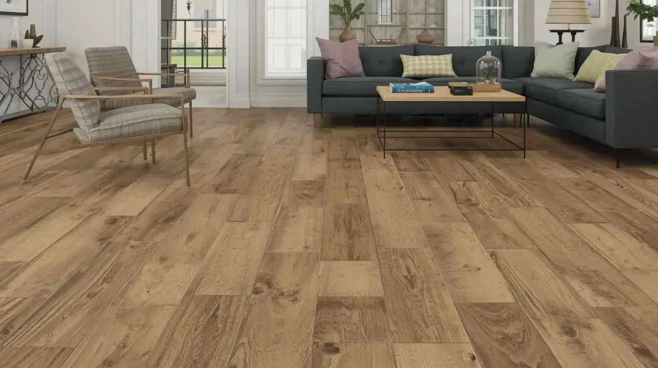 Boden mit sch&ouml;ner Holzmaserung, die an rustikales Holz erinnert. Zwei Sessel und ein Sofa stehen auf dem Boden.