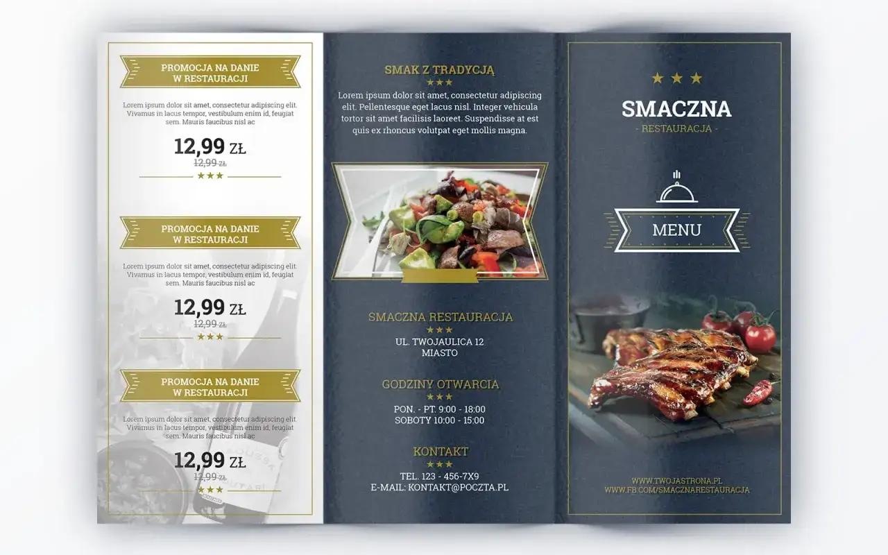 Ulotka składana na 3 szablon z promocjami dań, zdjęciami potraw i danymi restauracji.