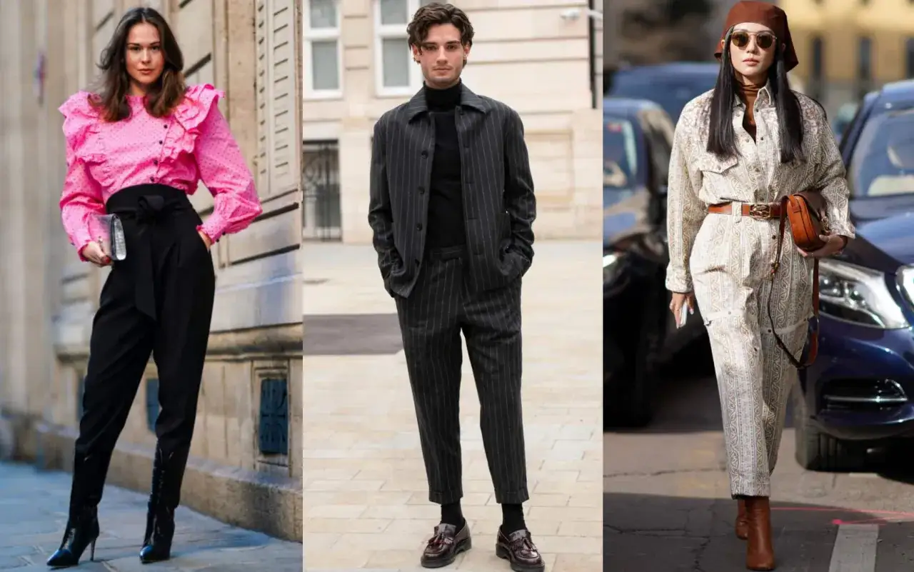 Tre look per le feste: donna con camicia rosa voluminosa e pantaloni neri, uomo in completo gessato, donna con jumpsuit fantasia e foulard. Idee outfit Natale.