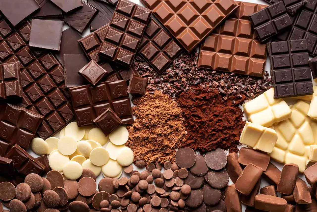 Variedad de tipos de chocolate: tabletas, gotas, cacao en polvo y trozos. Un festín visual para amantes del chocolate.