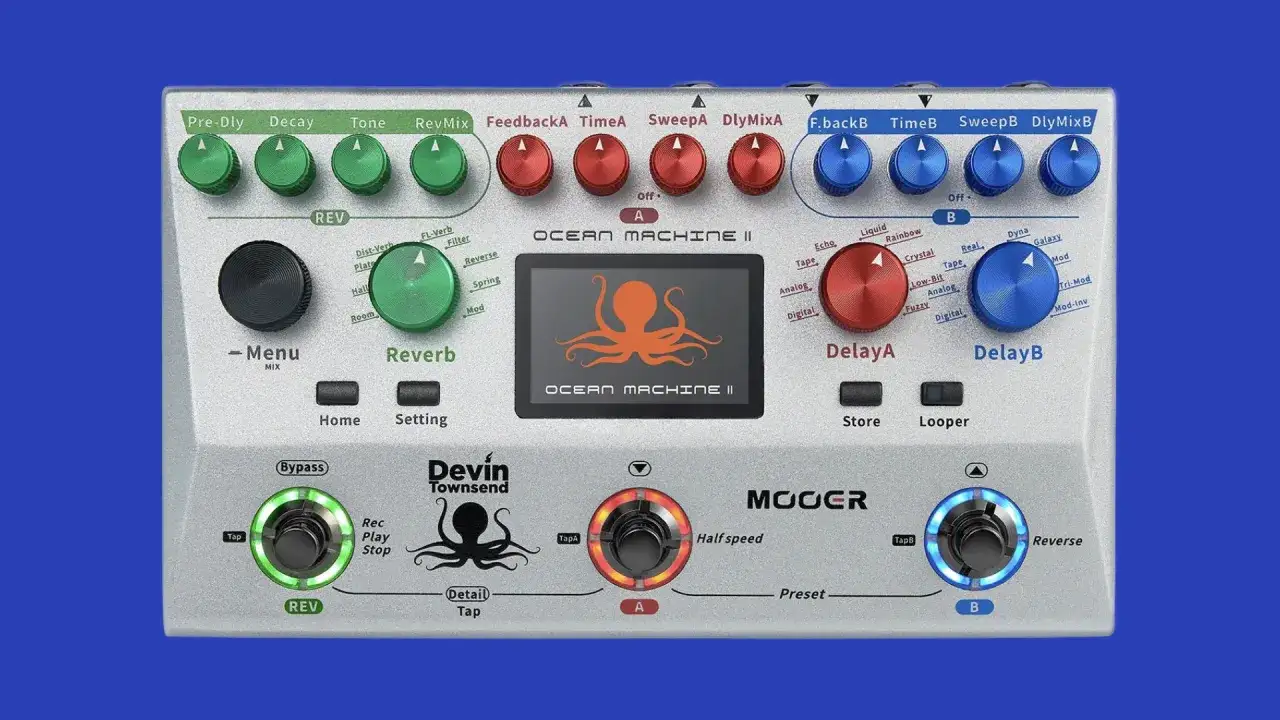 Mooer Ocean Machine II, zaawansowany efekt gitarowy z pogłosem i podwójnym delayem, ozdobiony grafiką ośmiornicy.