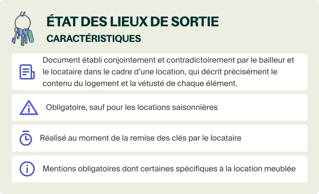État des lieux de sortie : document décrivant le logement et ses éléments, obligatoire pour rendre un appartement en location.