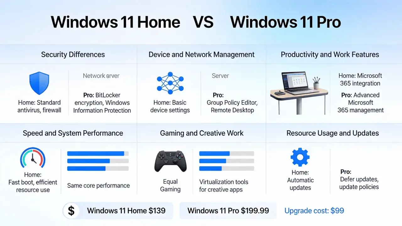 Porównanie Windows 11 Home i Pro: funkcje bezpieczeństwa, zarządzania, produktywności i wydajności.