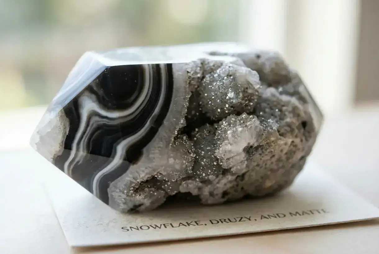 Ein facettierter Stein mit schwarzen und weißen Bändern, der an eine geodenartige Struktur mit funkelnden Kristallen grenzt. Was ist Onyx?