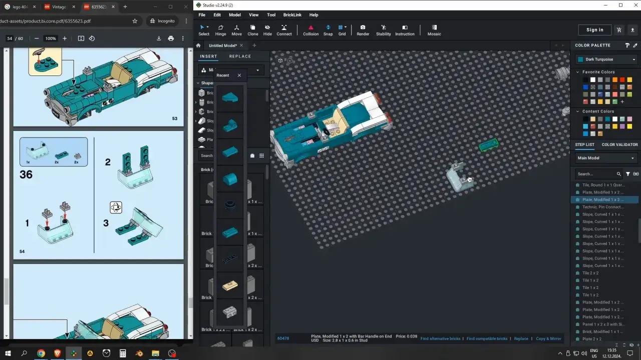 Instrukcja jak zbudować coś z lego: wirtualny model samochodu w programie Studio, z widocznymi elementami i krokami budowy.