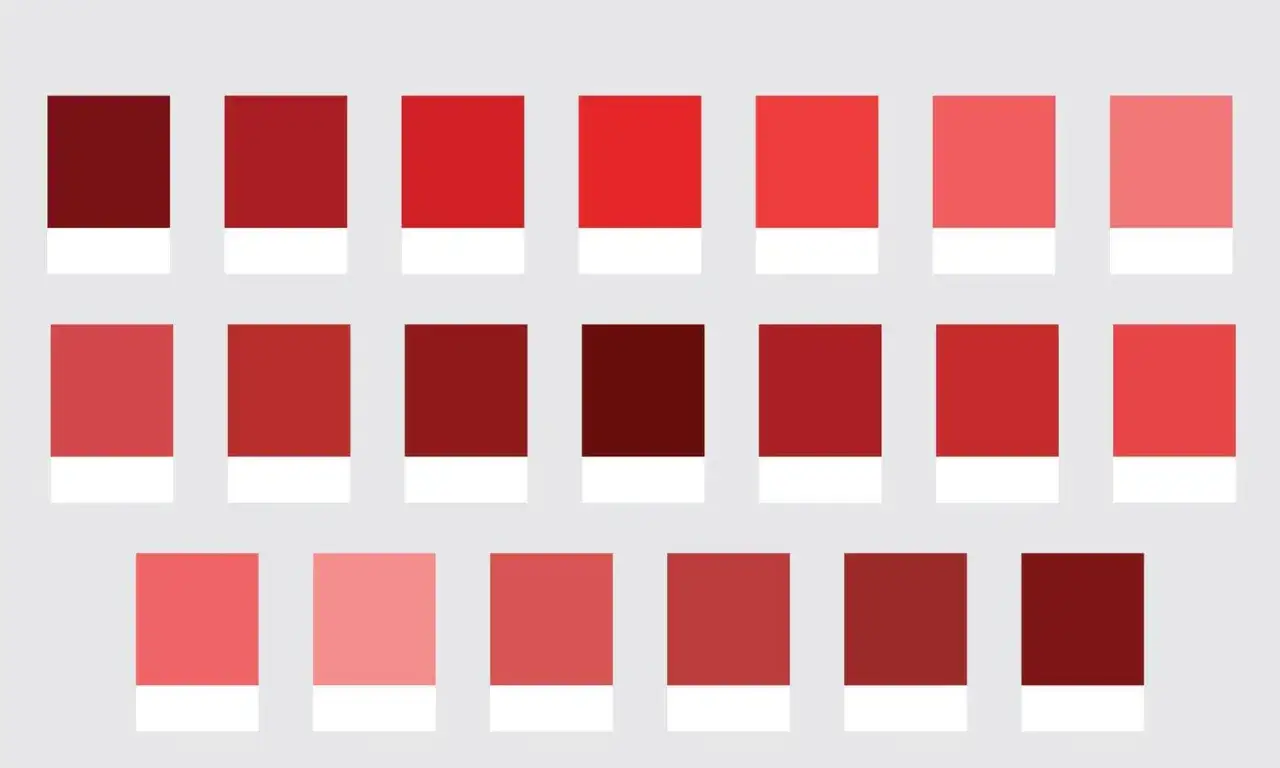 Reihen von Quadraten in verschiedenen Rottönen, von tiefem Burgunderrot bis zu hellem Korallenrot. Ein Spektrum von hex rot.