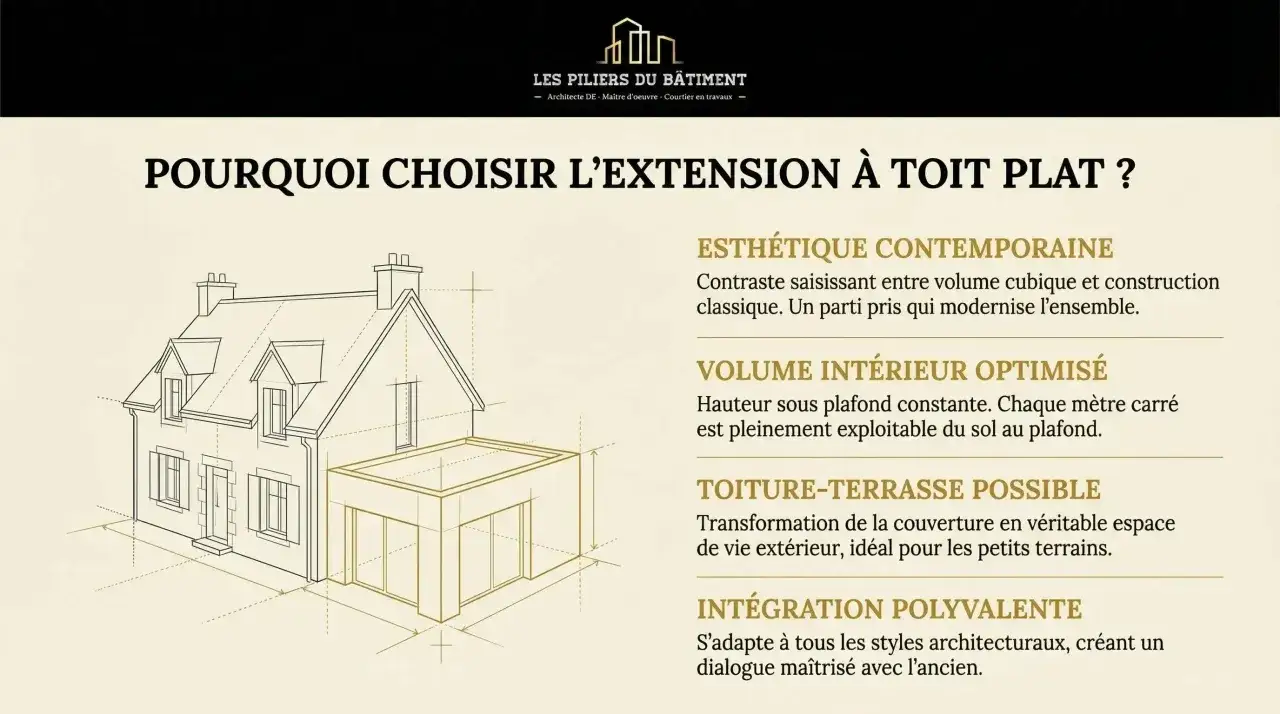 Dessin d'une maison avec une extension à toit plat, illustrant comment prolonger un toit existant pour un style contemporain et un volume intérieur optimisé.