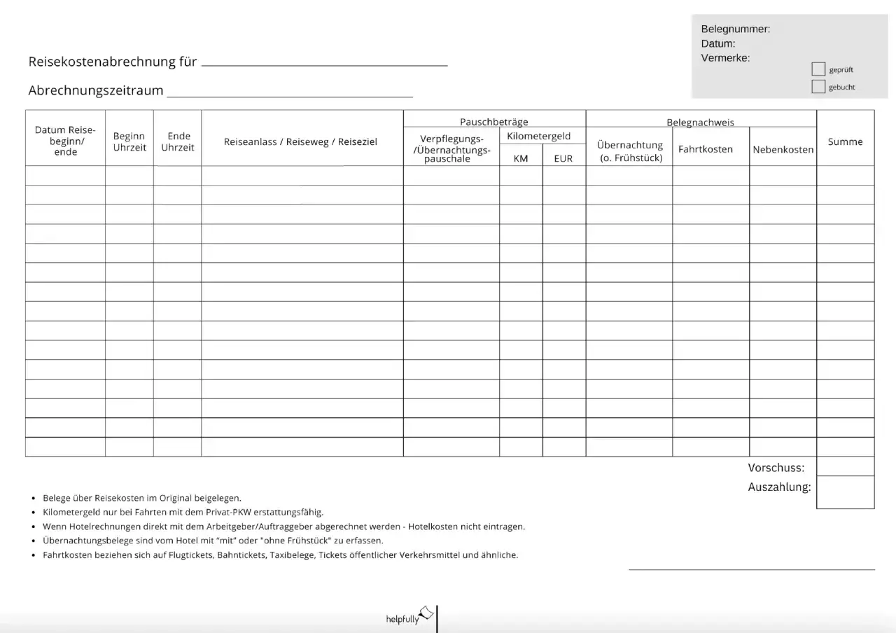 Formular zur Reisekostenabrechnung für Arbeitnehmer mit Spalten für Datum, Uhrzeit, Reiseanlass, Pauschbeträge, Kilometergeld und Belegnachweis zur Erstattung von Fahrtkosten.