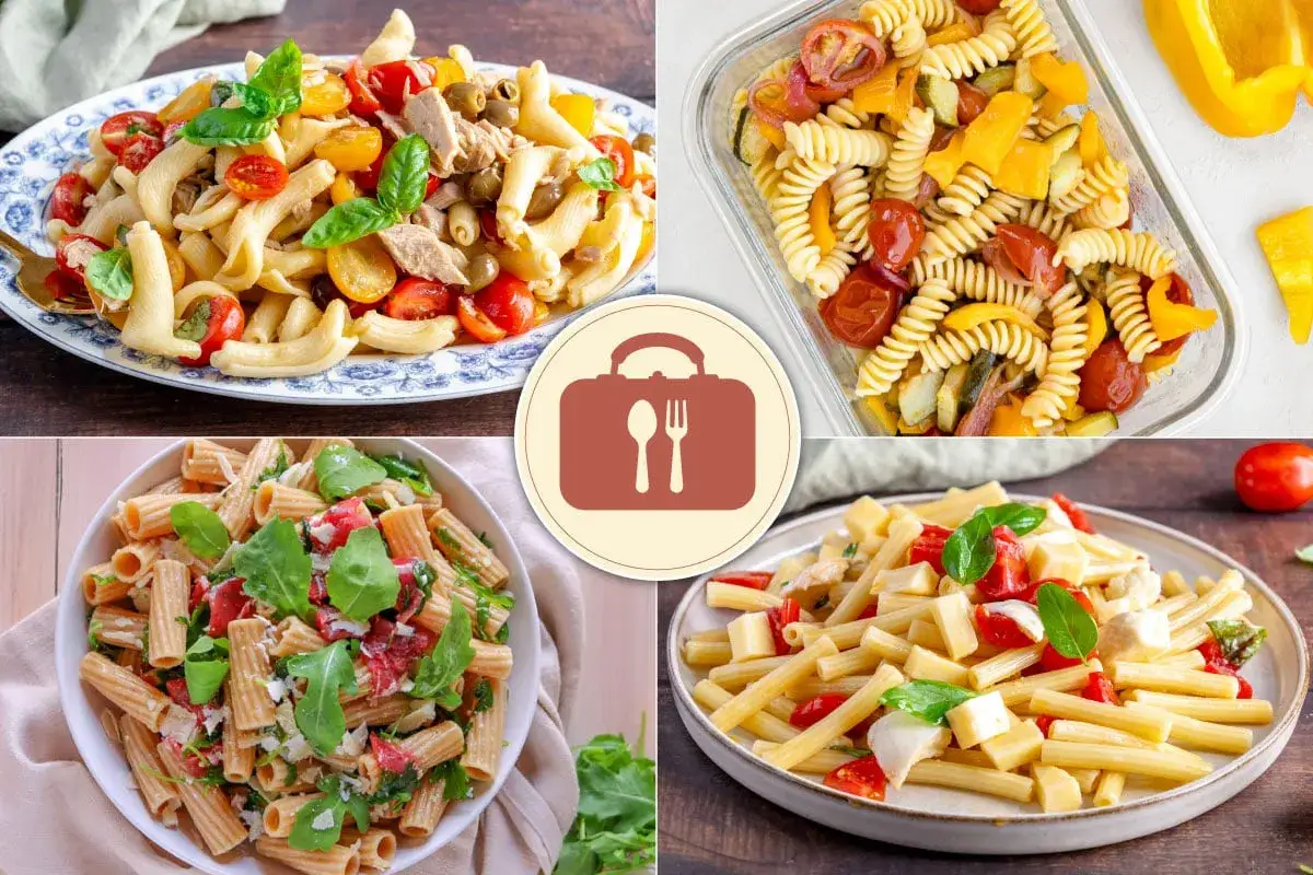 Quattro idee per pasta fredda da portare a lavoro: con tonno, verdure, rucola e pomodoro, o con mozzarella e basilico.