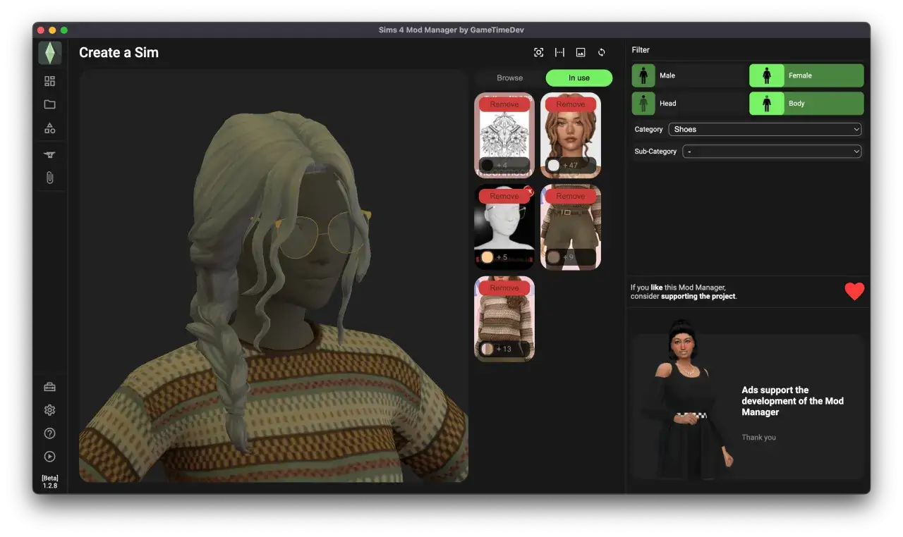 Tworzenie simów w Sims 4 Mod Manager. Widoczny edytor postaci, z opcjami filtrów płci i kategorii ubrań.
