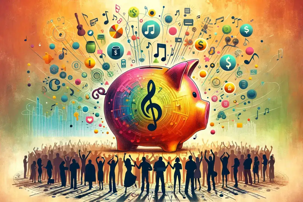 A vibrant piggy bank, adorned with a treble clef and musical notes, symbolizes music funding. A crowd cheers below, as musical symbols and dollar signs float above, representing the financial support for the arts.