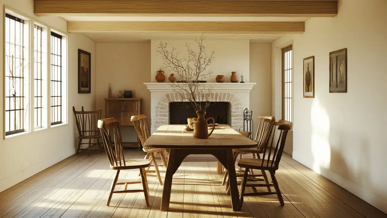 Interni di case americane con camino in pietra, tavolo in legno e sedie rustiche. Luce solare che filtra dalle finestre.
