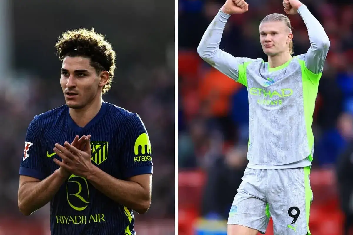 Piłkarz w granatowej koszulce Atletico Madryt i Erling Haaland w jasnej koszulce Manchesteru City. Czy obaj trafią do Barcelony? Barcelona transfery.