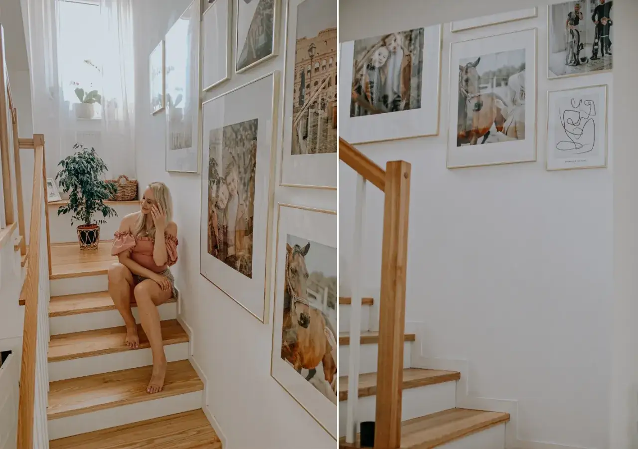 Inspiracja na domową galerię zdjęć na klatce schodowej: jak dobrać ramki do zdjęć z końmi i dziećmi.
