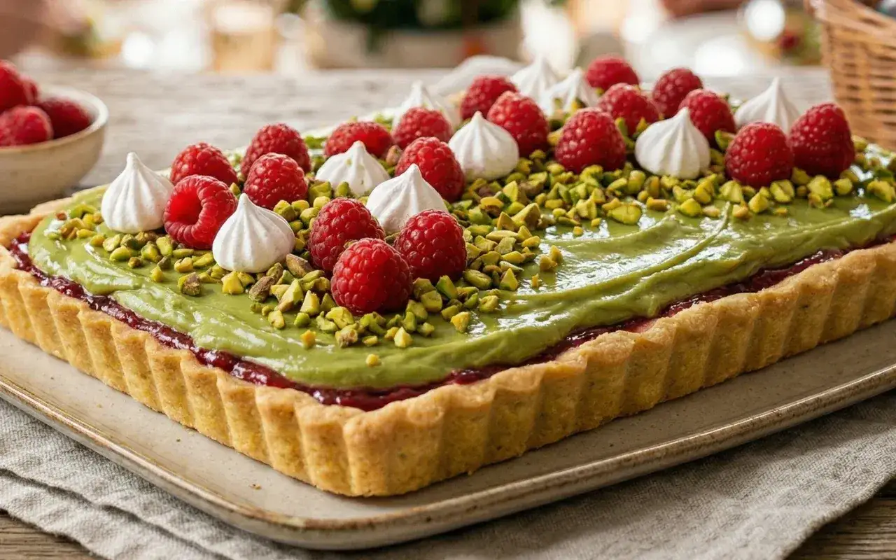 Pyszny mazurek pistacjowy z malinami, udekorowany bezami i posypany pistacjami. Idealny na święta.