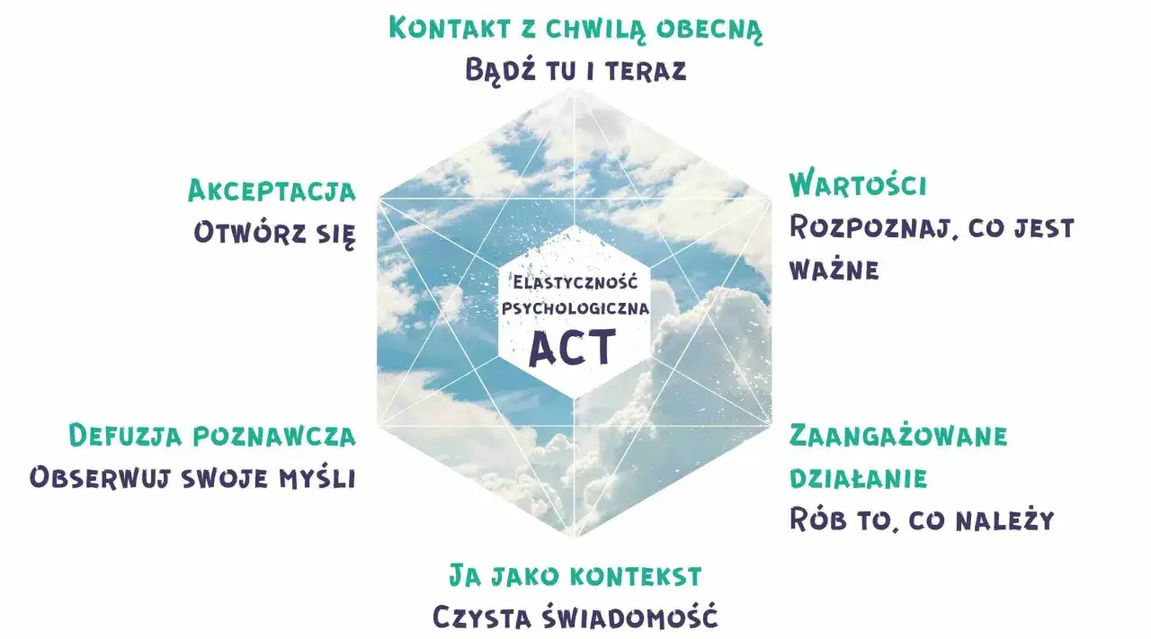Grafika przedstawia schemat terapii ACT: kontakt z chwilą, akceptacja, defuzja, ja jako kontekst, wartości, zaangażowane działanie.