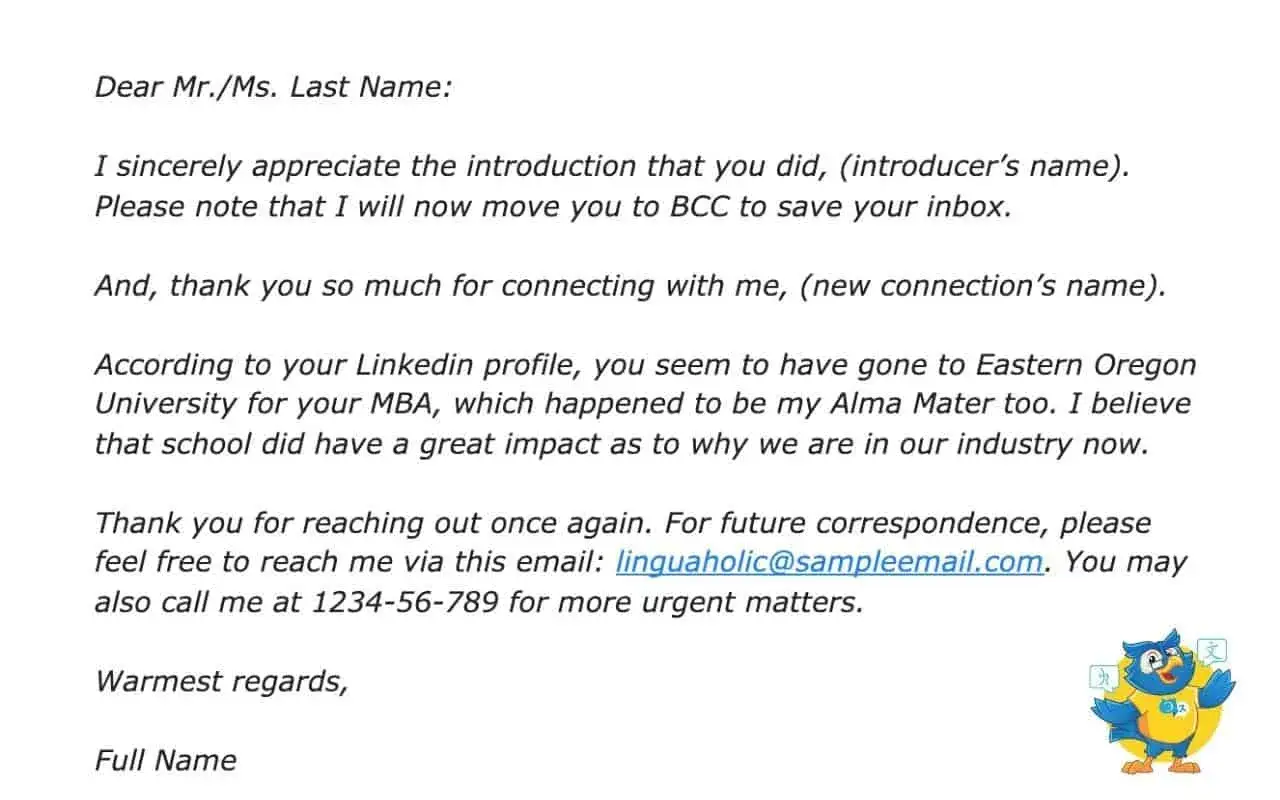 Carta de agradecimiento por una introducci&oacute;n. El remitente menciona que la universidad del destinatario fue su Alma M&aacute;ter, y gracias por avisar en ingl&eacute;s.