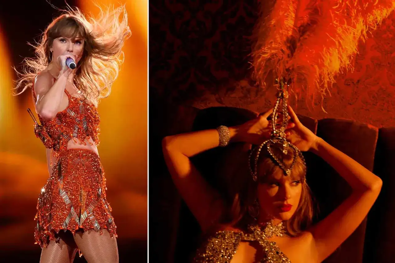 Taylor Swift w pomarańczowym, błyszczącym stroju na scenie i w stylizacji kabaretowej z pi&oacute;rami. Zapowiedź jej taylor swift nowy album.