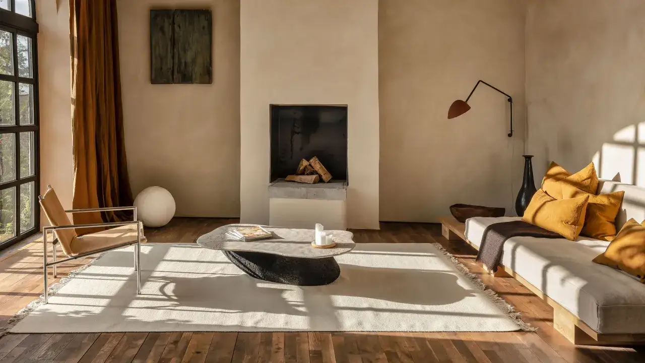 Sal&oacute;n con chimenea, sof&aacute; y sill&oacute;n de dise&ntilde;o. La luz del sol crea sombras en la alfombra, aportando una decoraci&oacute;n aesthetic y acogedora.