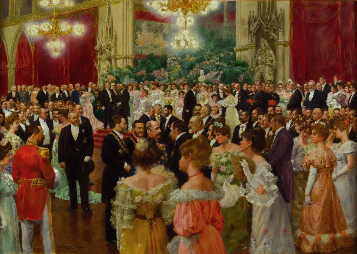 Elegancka sala balowa pełna wytwornych dam i panów. Wśród tłumu, ubranego w barwne stroje, widać pewnego utracjusza, który zamyślony spogląda w dal.