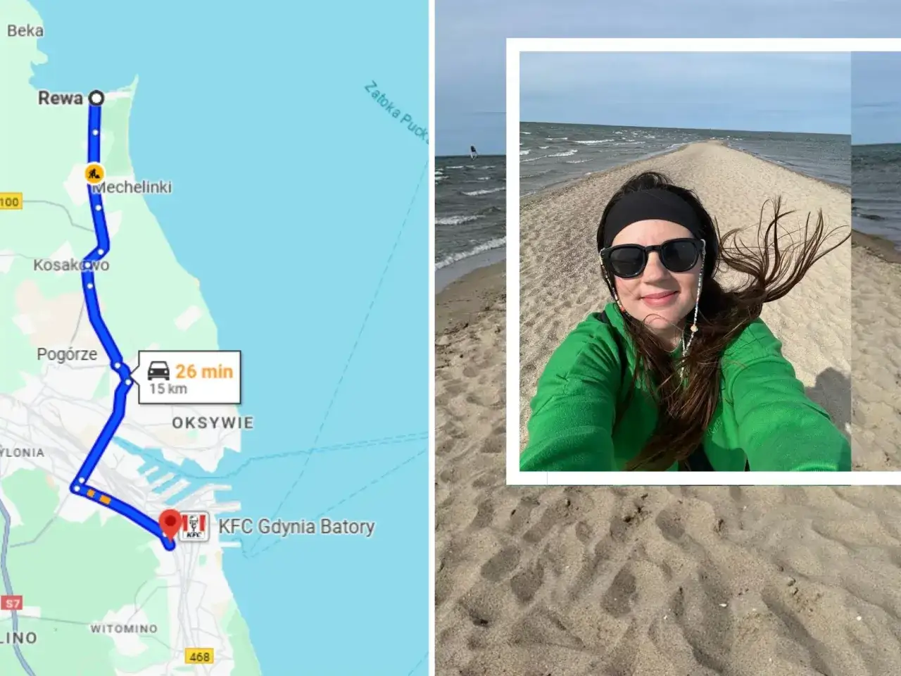 Trasa z Gdyni do Rewy, gdzie widać piaszczystą plażę i morze.