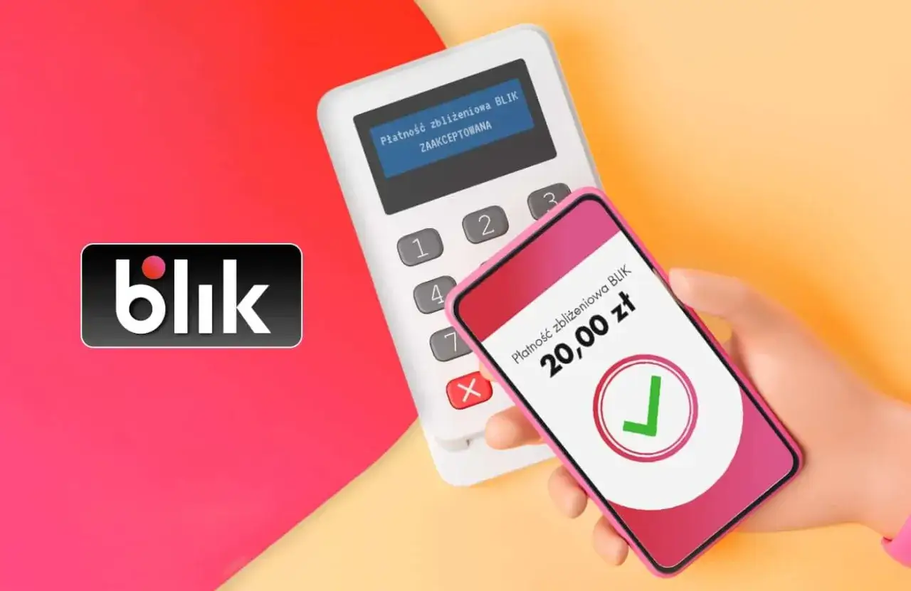Zbliżeniowa płatność BLIK na terminalu i telefonie. Potwierdzenie transakcji 20 zł.