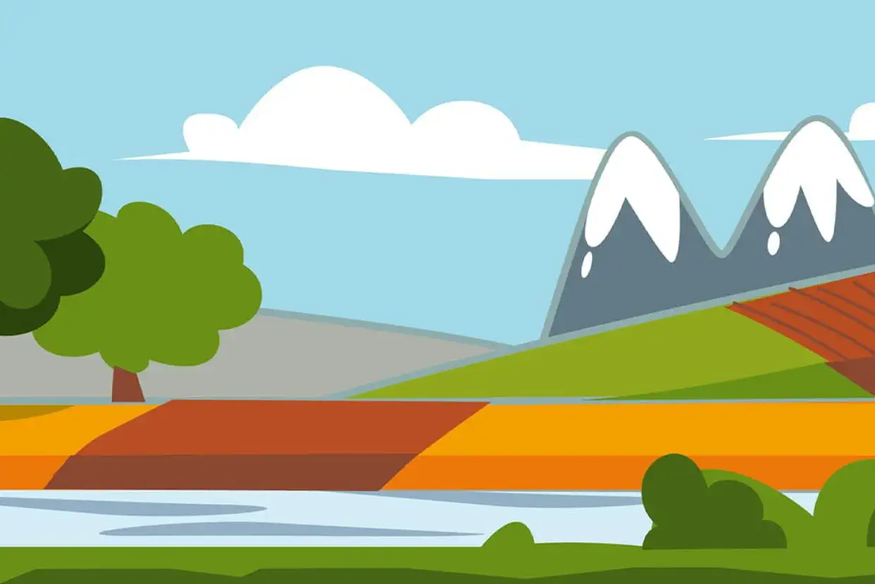 Simple dessin paysage facile couleur : montagnes enneigées, champs colorés, rivière paisible et arbres verts sous un ciel bleu avec des nuages blancs.