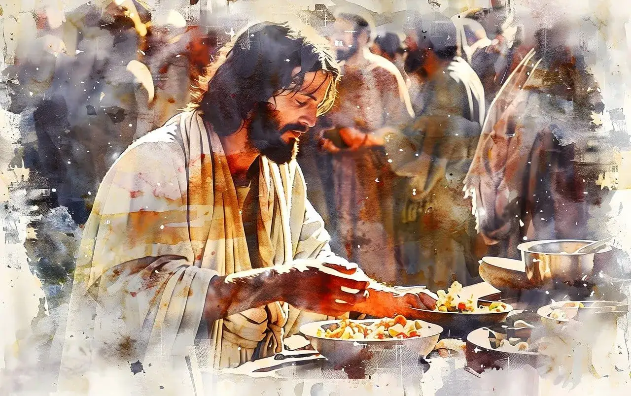 Jezus dzieli się posiłkiem z ludem, ukazując różnicę między religijnością a prawdziwą relacją z Bogiem.