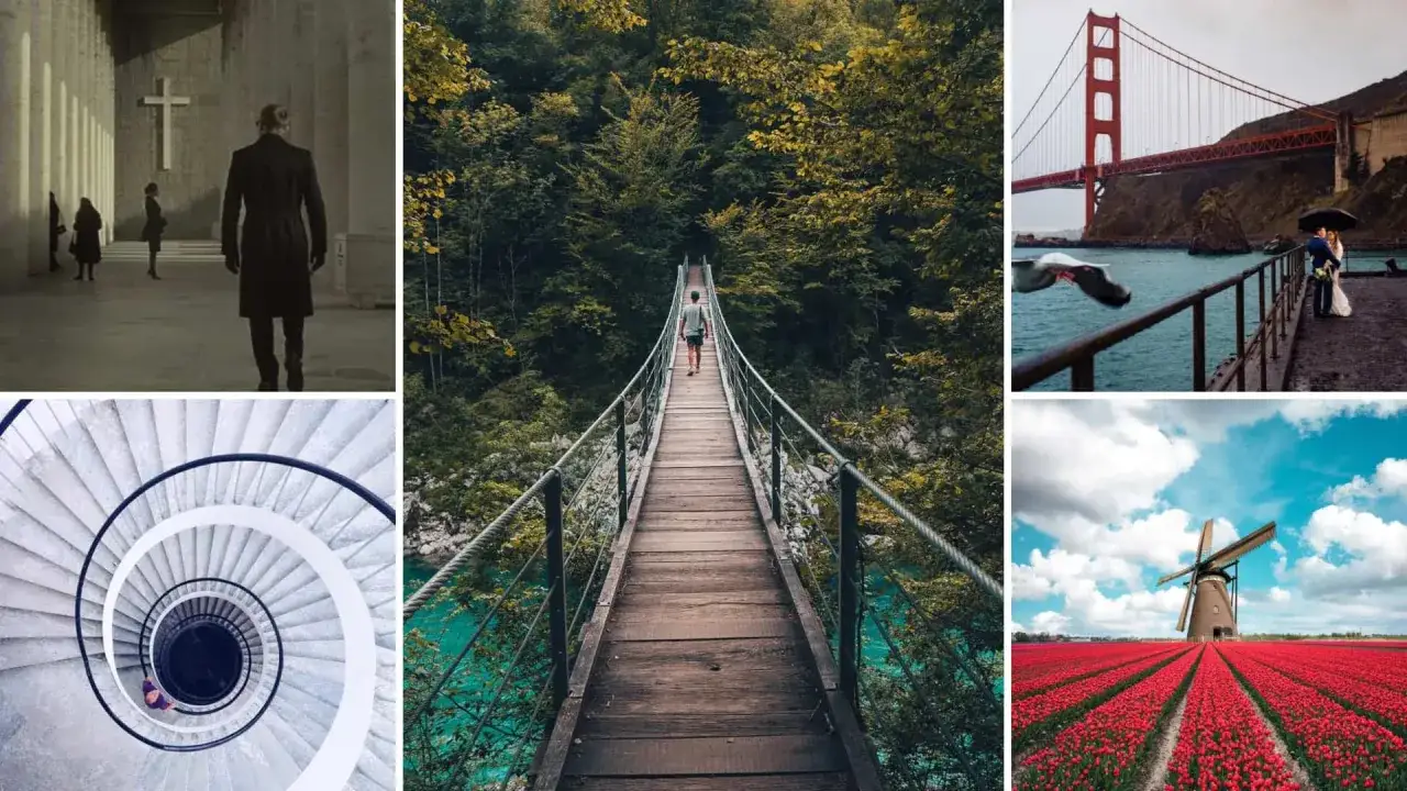 Analyse photo : une croix dans un lieu solennel, un pont suspendu, un couple sous un parapluie, un escalier en colimaçon et un moulin au milieu de tulipes.