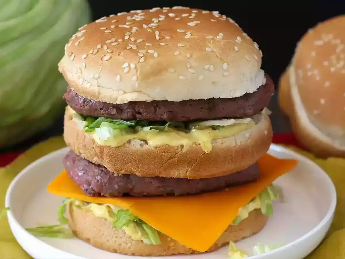 Podwójny burger z dwoma kotletami, serem i sałatą, polany kremowym sosem do Big Maca.