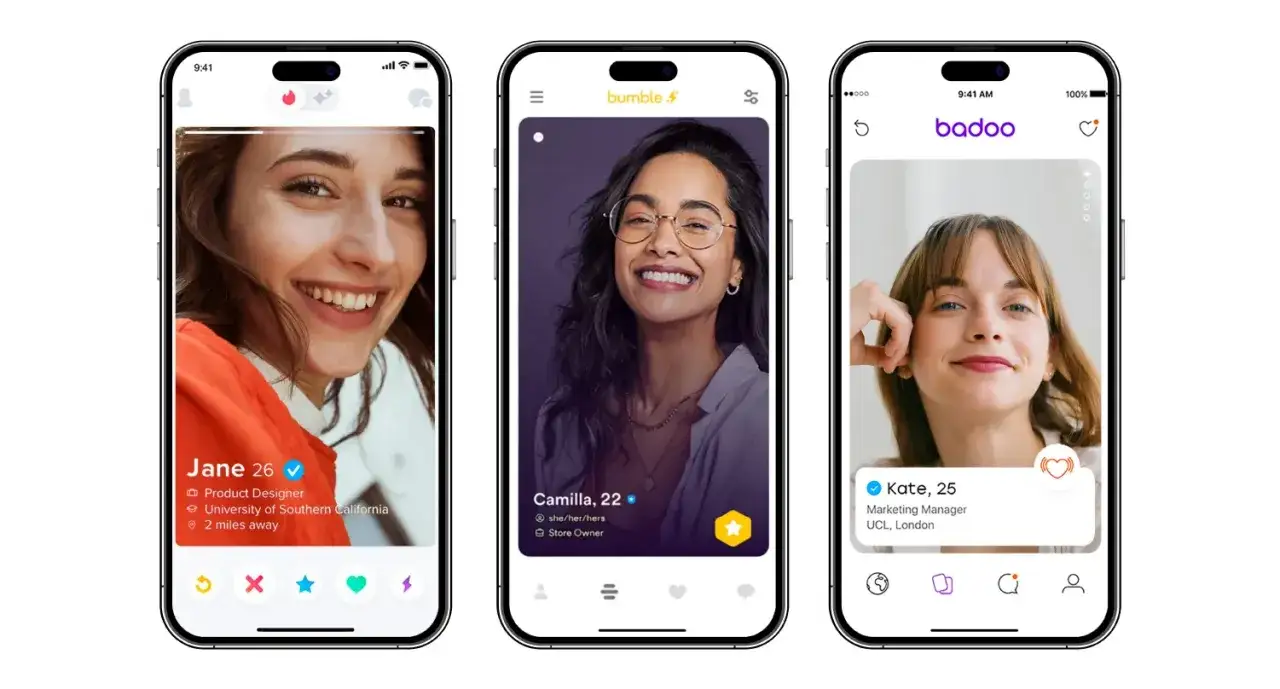 Trzy ekrany telefonów z popularnymi apki randkowe: Tinder, Bumble i Badoo.