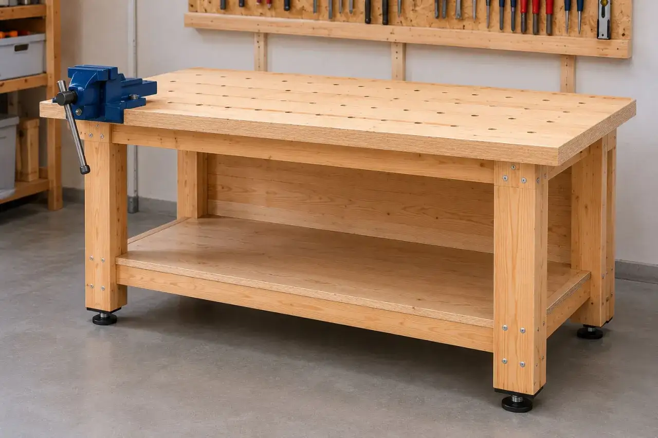 Eine stabile Werkbank selbst bauen: Holz, Schrauben und eine Zwinge für dein Projekt.