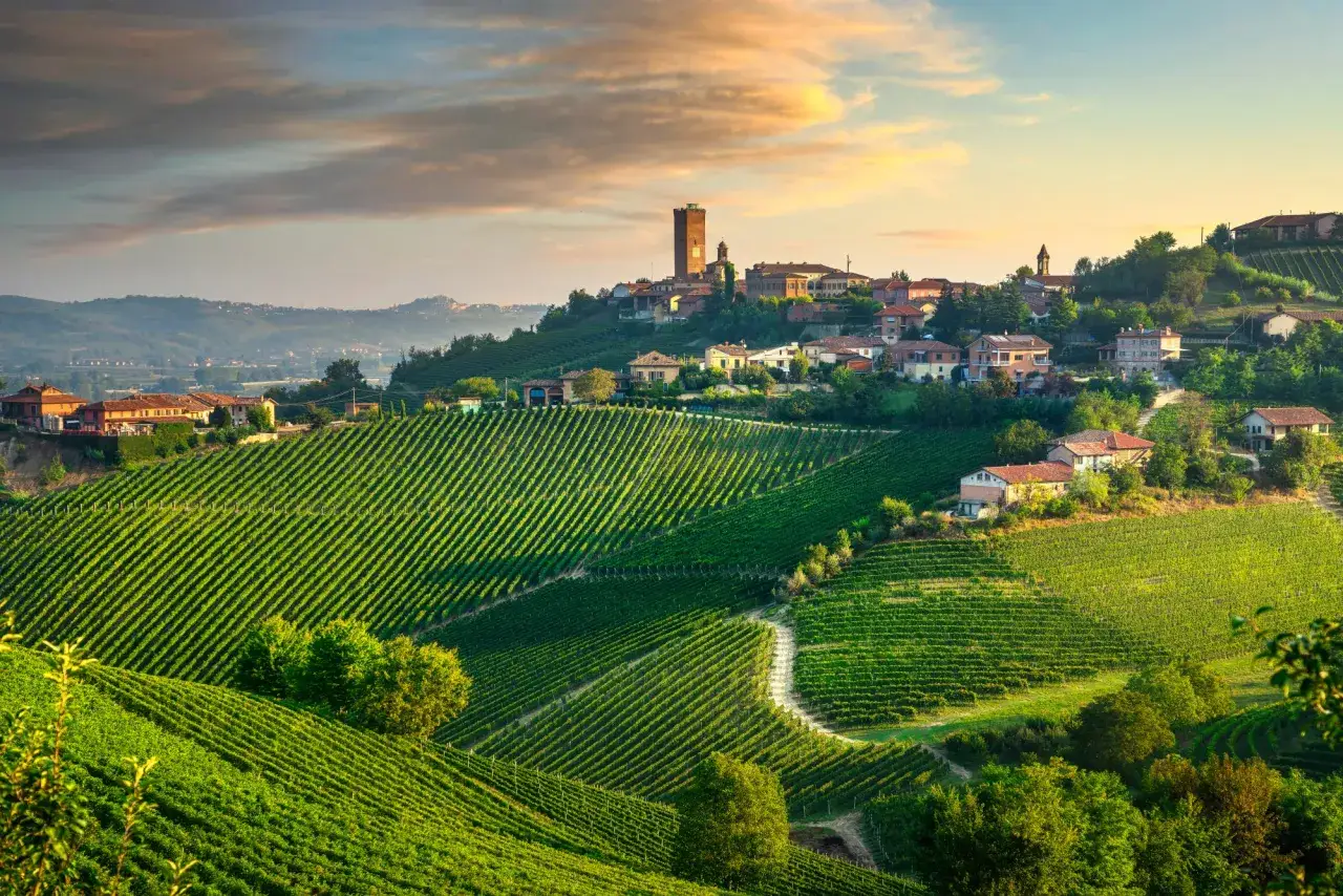 Sonnenuntergang &uuml;ber den Weinbergen von Barbaresco, Italien. Ein mittelalterlicher Turm thront &uuml;ber dem Dorf, umgeben von sanften H&uuml;geln und gr&uuml;nen Reben.