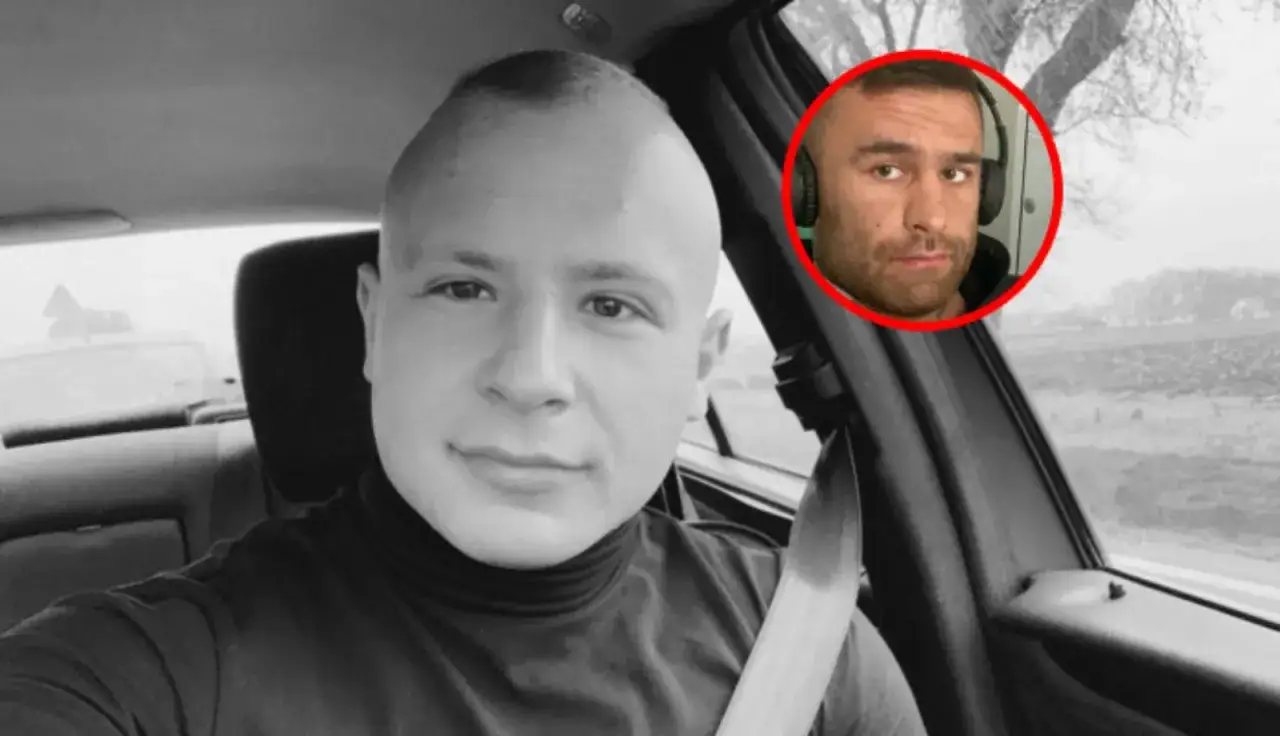 Arkadiusz Tańcula w samochodzie, obok jego zdjęcie w słuchawkach.