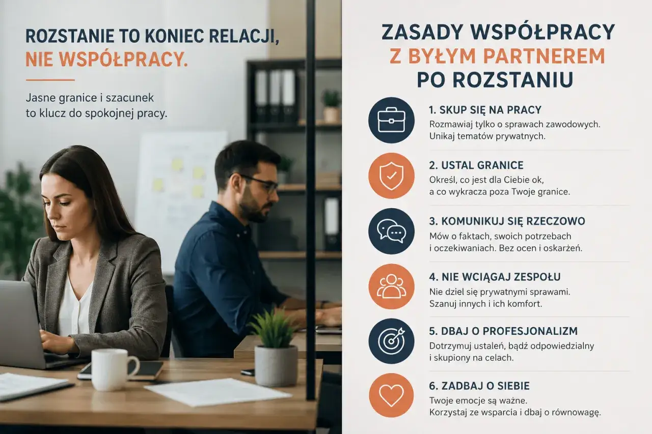 Jak pomóc osobie po rozstaniu? Zasady współpracy z byłym partnerem: skupienie na pracy, granice, komunikacja, profesjonalizm i dbanie o siebie.