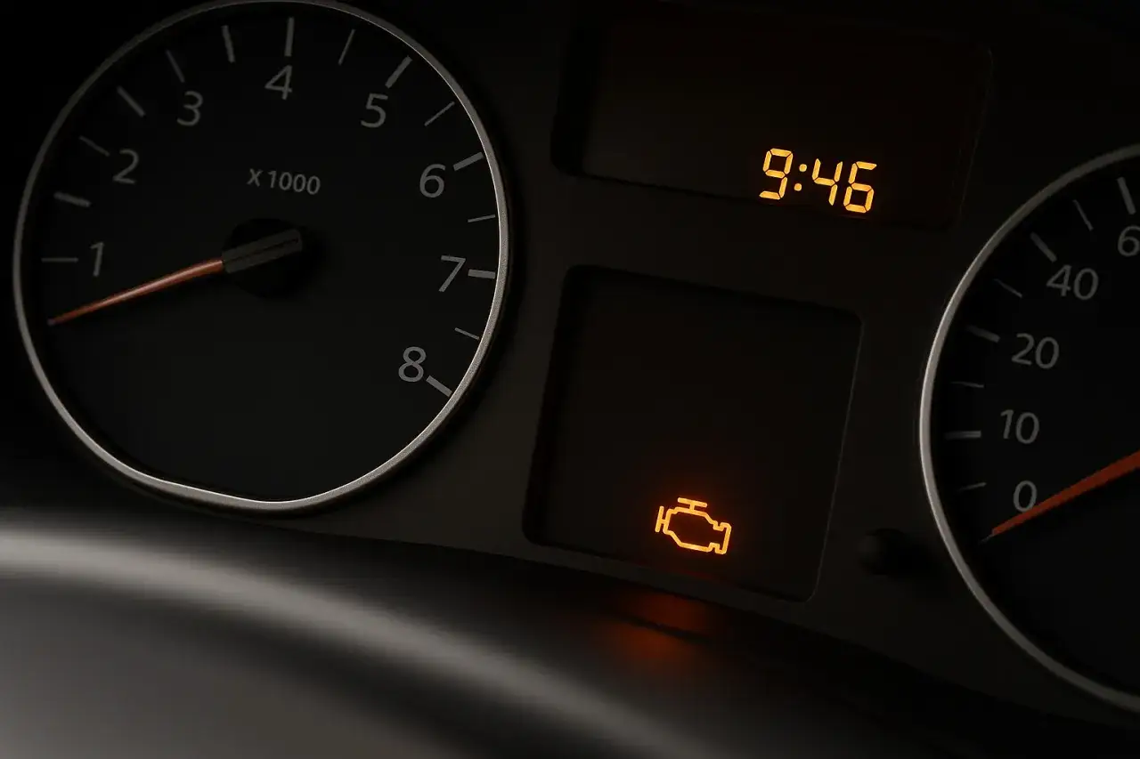 Cruscotto auto con spia avaria motore accesa. Scopri come resettare la spia avaria motore senza computer per risolvere il problema.