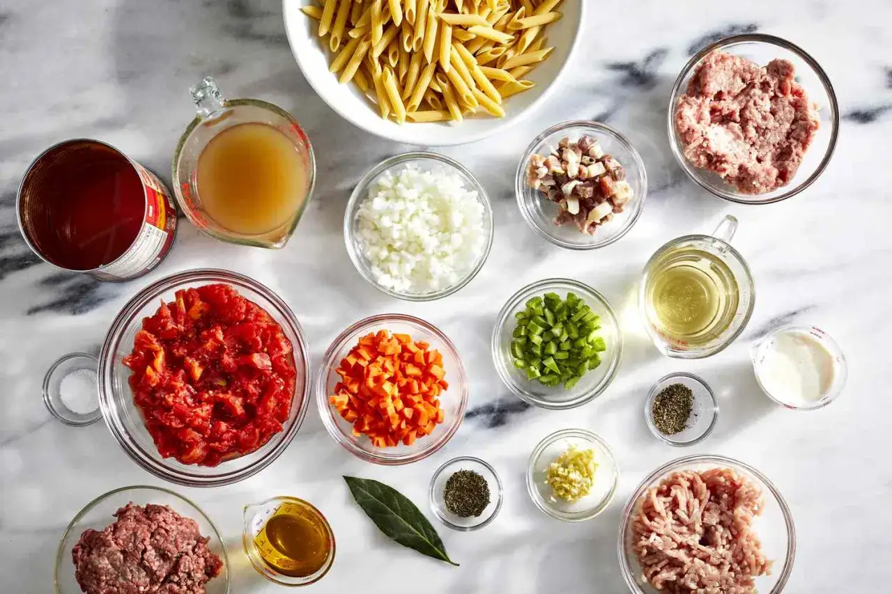 Składniki na spaghetti bolognese przepis oryginalny: makaron, mięso mielone, pomidory, cebula, marchew, seler, czosnek, bulion, olej, przyprawy.